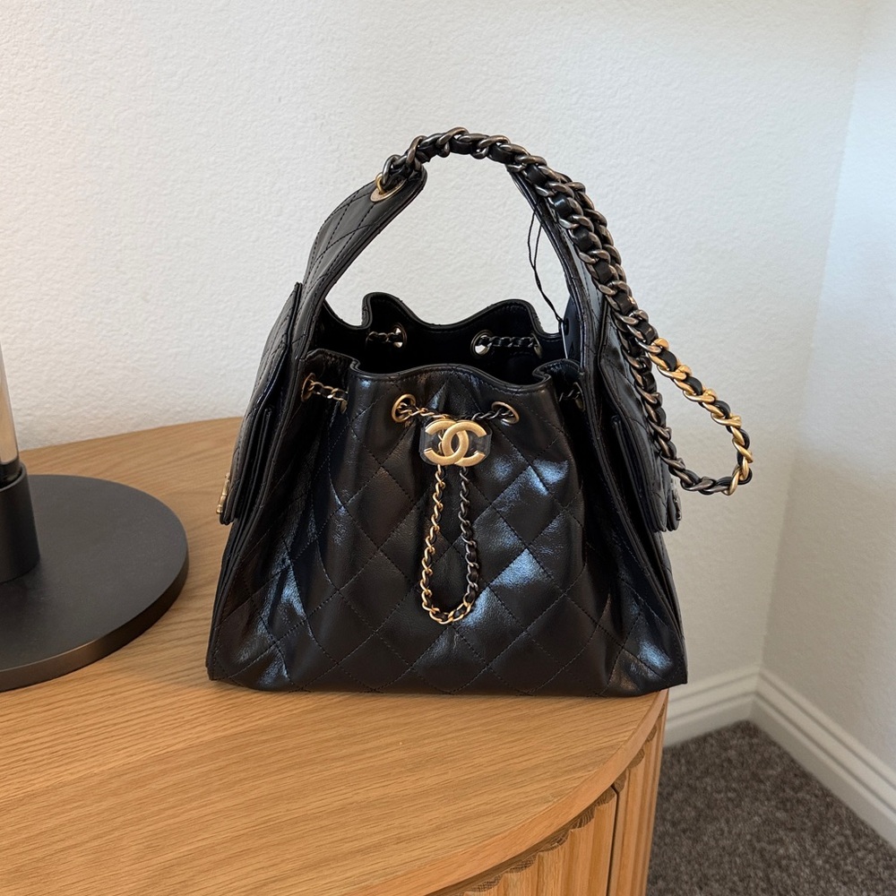 New Chanel 25 Handbag Small Calfskin Black with Two Tone Hardware